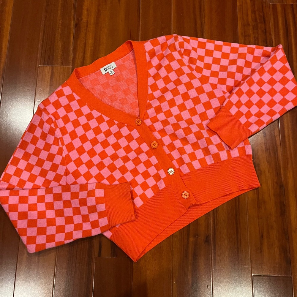 Beginning Boutique Cardigan Sweater Plaid Check Pink Orange Button Knit Sz Small